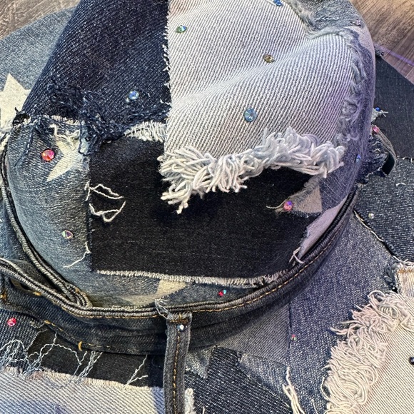 OOAK Distressed Denim Patchwork Hat Australian Crystals - Picture 6 of 6